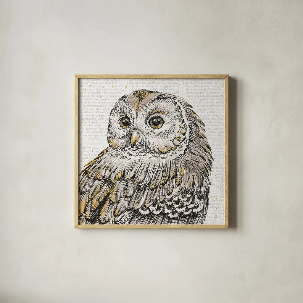 Beautiful Owls I by Daphne Brissonnet. Shown in a natural wood glass frame for a timeless modern aesthetic. Available as an archival giclee rolled canvas, fine art paper, or poster print. SKU 28801a.