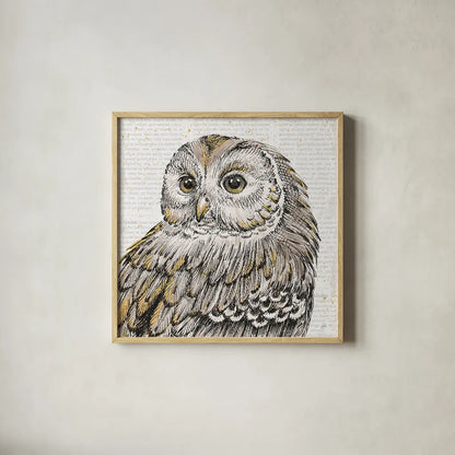 Beautiful Owls I by Daphne Brissonnet. Shown in a natural wood glass frame for a timeless modern aesthetic. Available as an archival giclee rolled canvas, fine art paper, or poster print. SKU 28801a.
