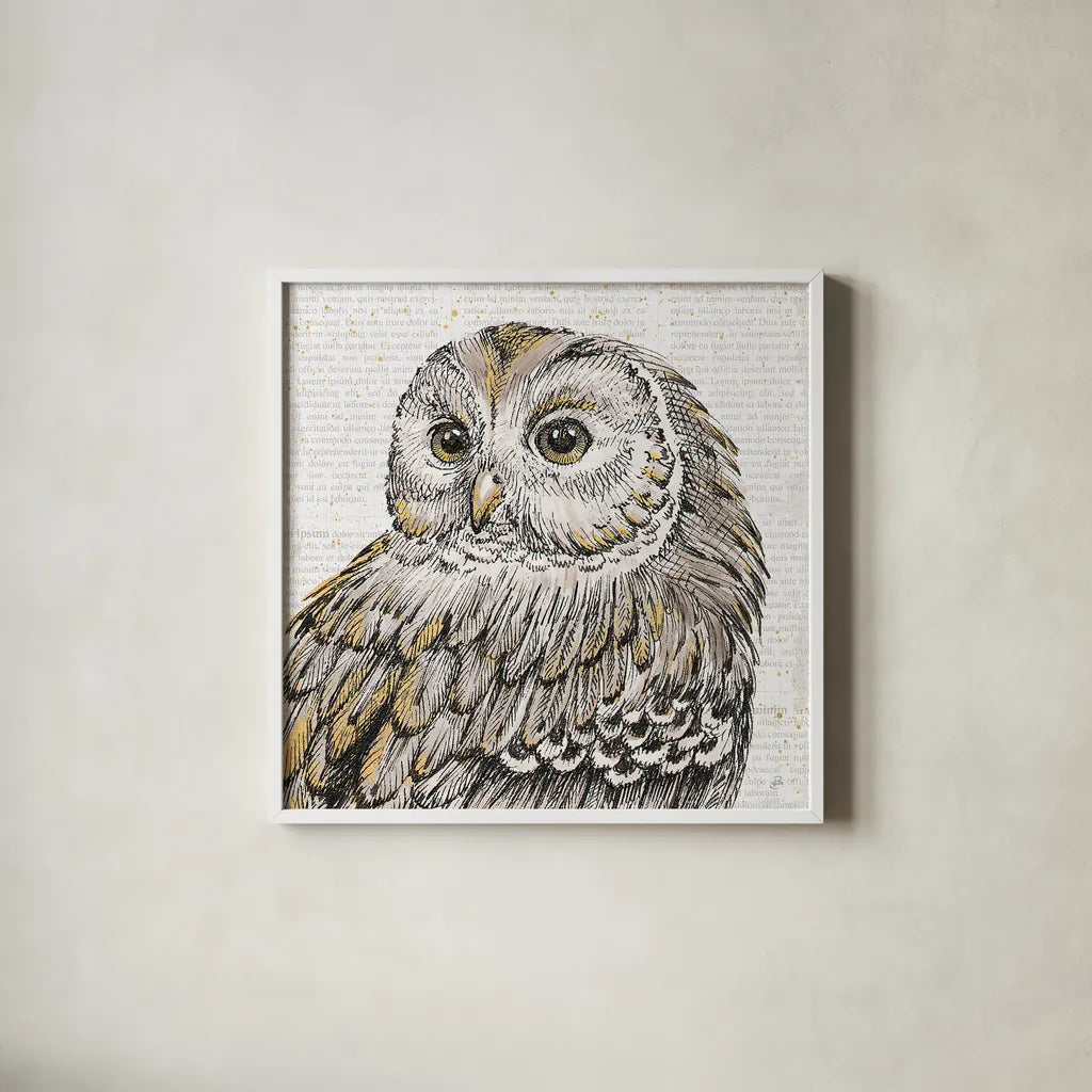 Beautiful Owls I by Daphne Brissonnet. Shown in a crisp white glass frame for a clean and minimalist style. Available as an archival giclee rolled canvas, fine art paper, or poster print. SKU 28801a.