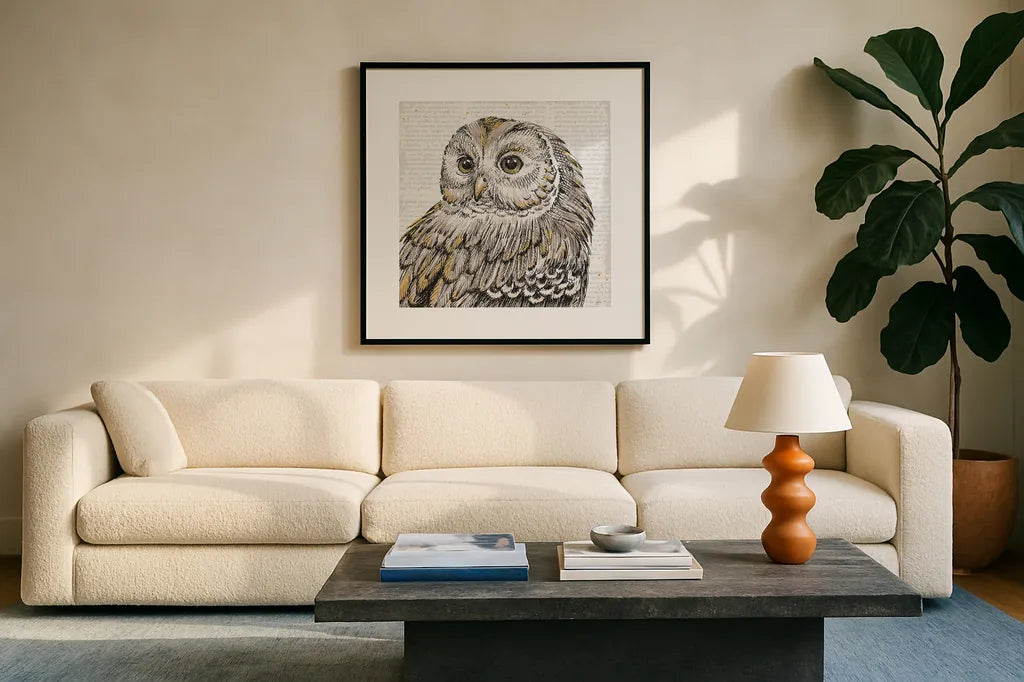 Beautiful Owls I by Daphne Brissonnet. Displayed in a glass frame with matte in a clean modern living room. Available as an archival giclee rolled canvas, fine art paper, or poster print. SKU 28801a.