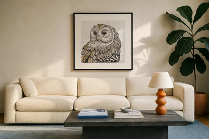 Beautiful Owls I by Daphne Brissonnet. Displayed in a glass frame with matte in a clean modern living room. Available as an archival giclee rolled canvas, fine art paper, or poster print. SKU 28801a.
