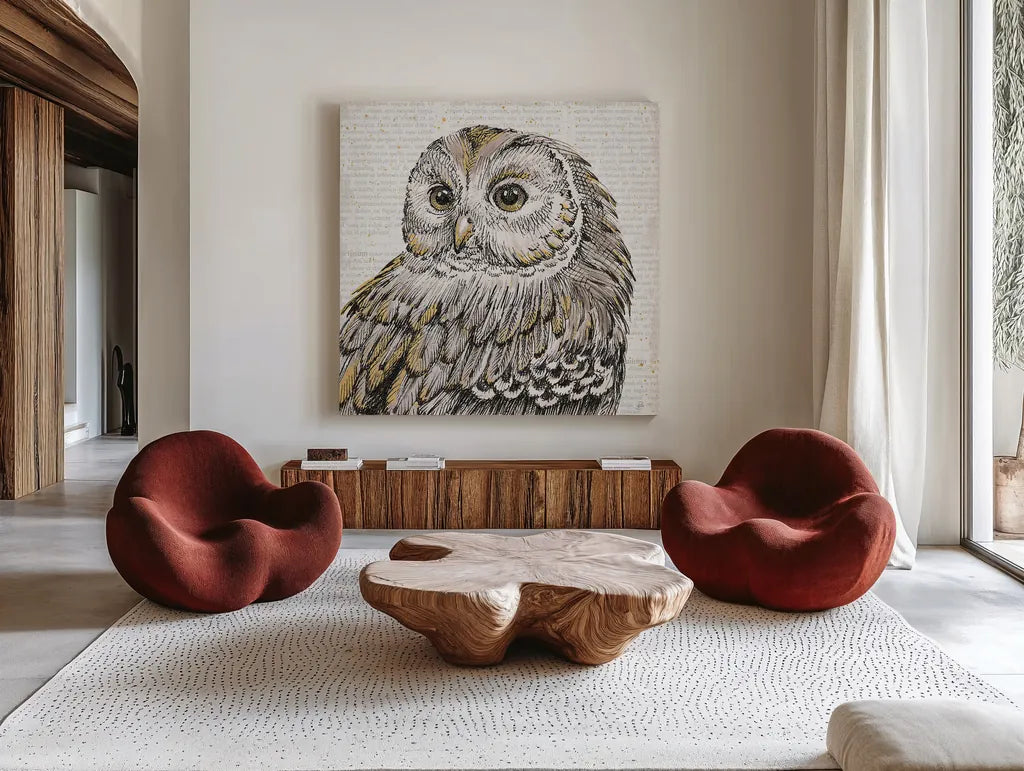 Beautiful Owls I by Daphne Brissonnet. Shown as extra-large giant wall art in a modern living room. Available as an archival giclee rolled canvas, fine art paper, or poster print. SKU 28801a.