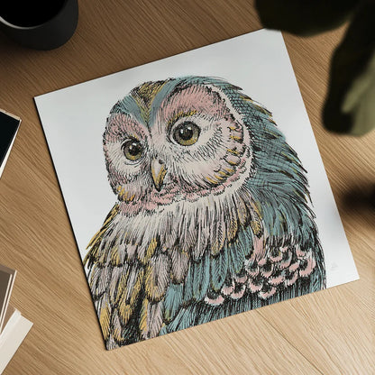 Beautiful Owls I Pastel Crop by Daphne Brissonnet. Shown as a detailed flat fine art print, highlighting archival giclee quality. Available as an archival giclee rolled canvas, fine art paper, or poster print. SKU 30197a.