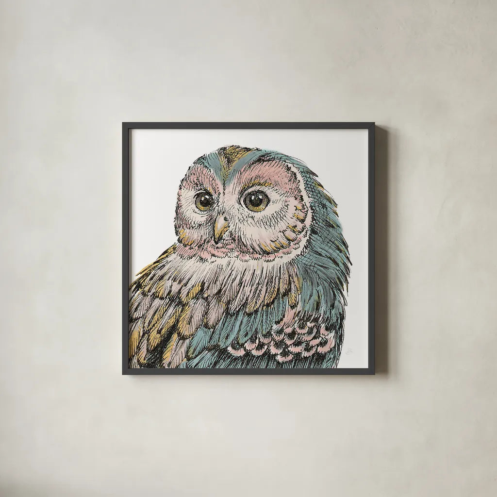 Beautiful Owls I Pastel Crop by Daphne Brissonnet. Shown in a sleek black glass frame for a contemporary gallery look. Available as an archival giclee rolled canvas, fine art paper, or poster print. SKU 30197a.