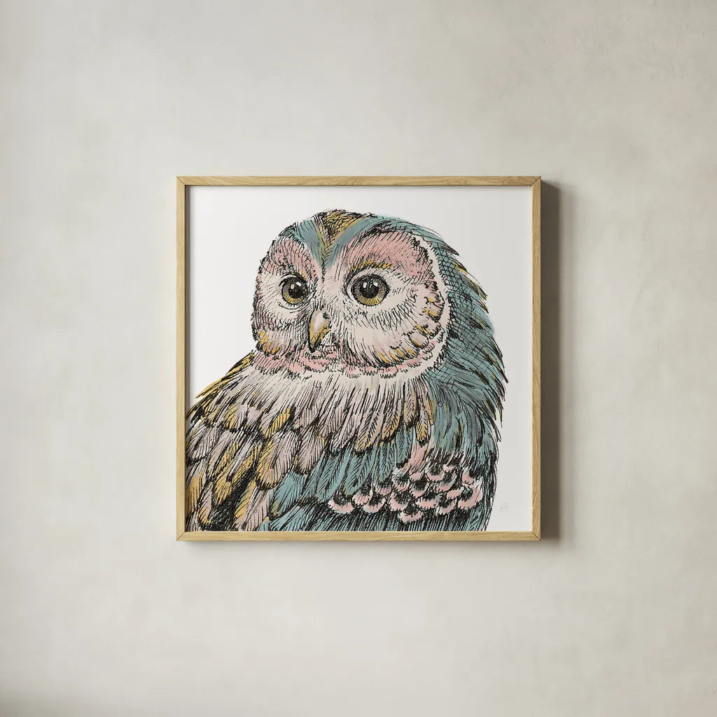 Beautiful Owls I Pastel Crop by Daphne Brissonnet. Shown in a natural wood glass frame for a timeless modern aesthetic. Available as an archival giclee rolled canvas, fine art paper, or poster print. SKU 30197a.
