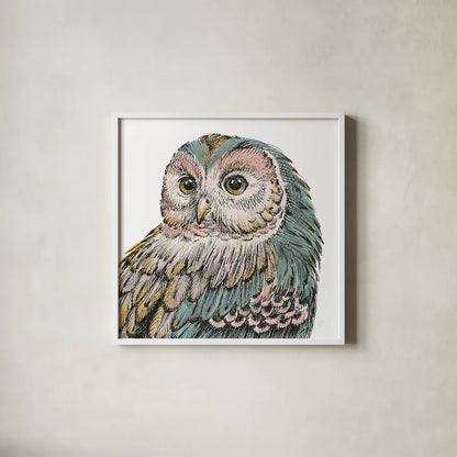 Beautiful Owls I Pastel Crop by Daphne Brissonnet. Shown in a crisp white glass frame for a clean and minimalist style. Available as an archival giclee rolled canvas, fine art paper, or poster print. SKU 30197a.
