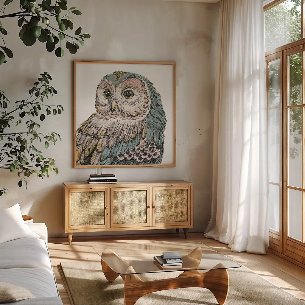 Beautiful Owls I Pastel Crop by Daphne Brissonnet. Shown in a natural wood frame in a cozy modern living room. Available as an archival giclee rolled canvas, fine art paper, or poster print. SKU 30197a.