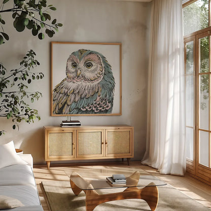 Beautiful Owls I Pastel Crop by Daphne Brissonnet. Shown in a natural wood frame in a cozy modern living room. Available as an archival giclee rolled canvas, fine art paper, or poster print. SKU 30197a.