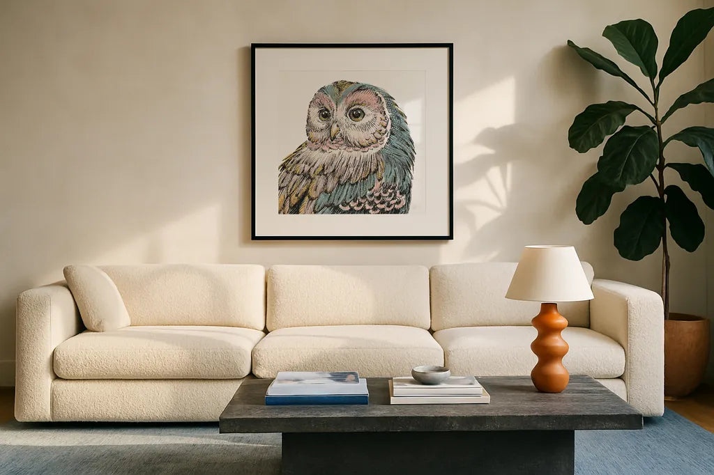 Beautiful Owls I Pastel Crop by Daphne Brissonnet. Displayed in a glass frame with matte in a clean modern living room. Available as an archival giclee rolled canvas, fine art paper, or poster print. SKU 30197a.
