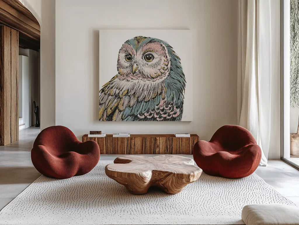 Beautiful Owls I Pastel Crop by Daphne Brissonnet. Shown as extra-large giant wall art in a modern living room. Available as an archival giclee rolled canvas, fine art paper, or poster print. SKU 30197a.
