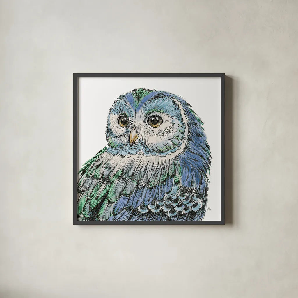 Beautiful Owls I Peacock Crop by Daphne Brissonnet. Shown in a sleek black glass frame for a contemporary gallery look. Available as an archival giclee rolled canvas, fine art paper, or poster print. SKU 35875a.