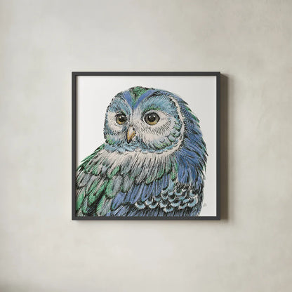 Beautiful Owls I Peacock Crop by Daphne Brissonnet. Shown in a sleek black glass frame for a contemporary gallery look. Available as an archival giclee rolled canvas, fine art paper, or poster print. SKU 35875a.