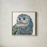 Beautiful Owls I Peacock Crop by Daphne Brissonnet. Shown in a natural wood glass frame for a timeless modern aesthetic. Available as an archival giclee rolled canvas, fine art paper, or poster print. SKU 35875a.