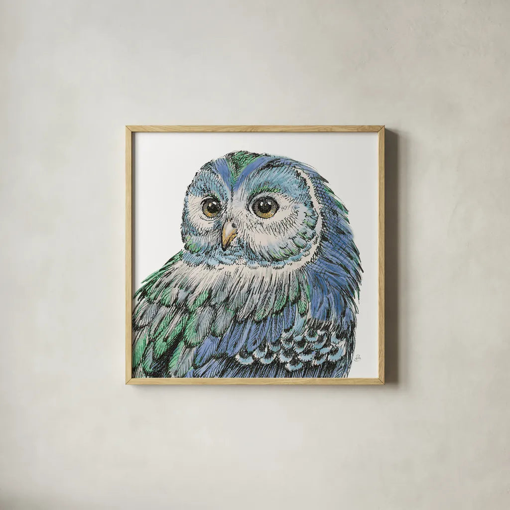 Beautiful Owls I Peacock Crop by Daphne Brissonnet. Shown in a natural wood glass frame for a timeless modern aesthetic. Available as an archival giclee rolled canvas, fine art paper, or poster print. SKU 35875a.