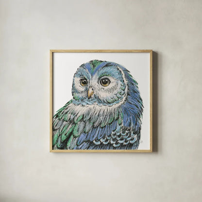 Beautiful Owls I Peacock Crop by Daphne Brissonnet. Shown in a natural wood glass frame for a timeless modern aesthetic. Available as an archival giclee rolled canvas, fine art paper, or poster print. SKU 35875a.