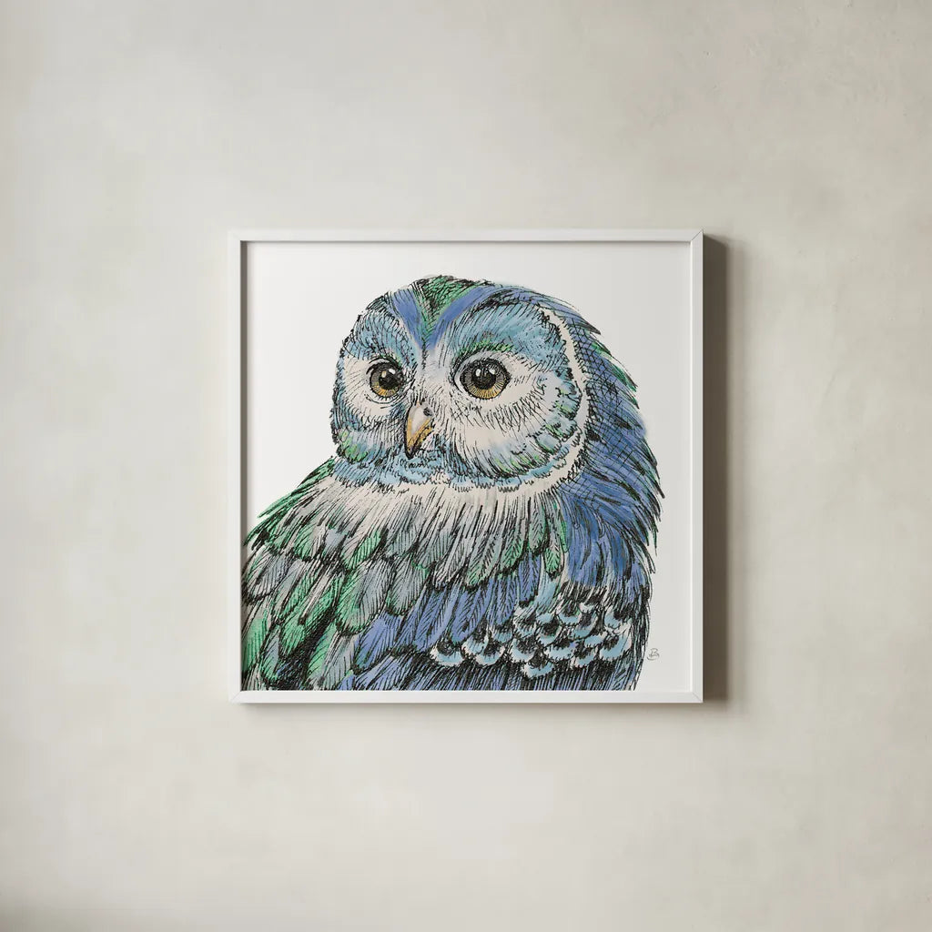 Beautiful Owls I Peacock Crop by Daphne Brissonnet. Shown in a crisp white glass frame for a clean and minimalist style. Available as an archival giclee rolled canvas, fine art paper, or poster print. SKU 35875a.