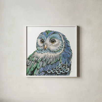 Beautiful Owls I Peacock Crop by Daphne Brissonnet. Shown in a crisp white glass frame for a clean and minimalist style. Available as an archival giclee rolled canvas, fine art paper, or poster print. SKU 35875a.