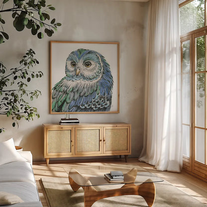 Beautiful Owls I Peacock Crop by Daphne Brissonnet. Shown in a natural wood frame in a cozy modern living room. Available as an archival giclee rolled canvas, fine art paper, or poster print. SKU 35875a.