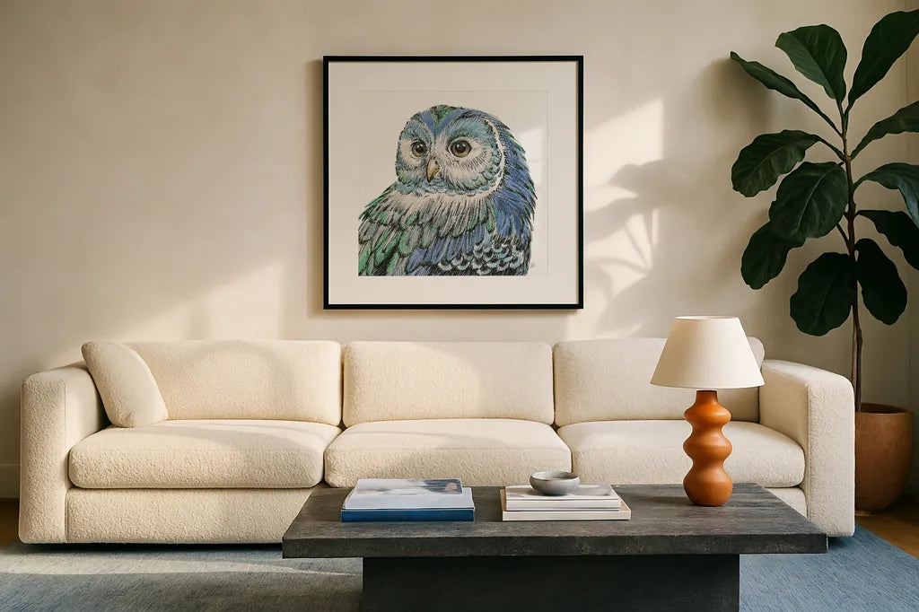 Beautiful Owls I Peacock Crop by Daphne Brissonnet. Displayed in a glass frame with matte in a clean modern living room. Available as an archival giclee rolled canvas, fine art paper, or poster print. SKU 35875a.