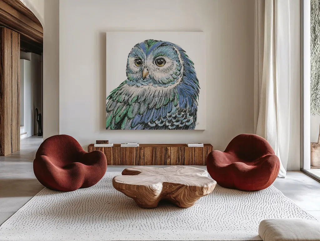 Beautiful Owls I Peacock Crop by Daphne Brissonnet. Shown as extra-large giant wall art in a modern living room. Available as an archival giclee rolled canvas, fine art paper, or poster print. SKU 35875a.
