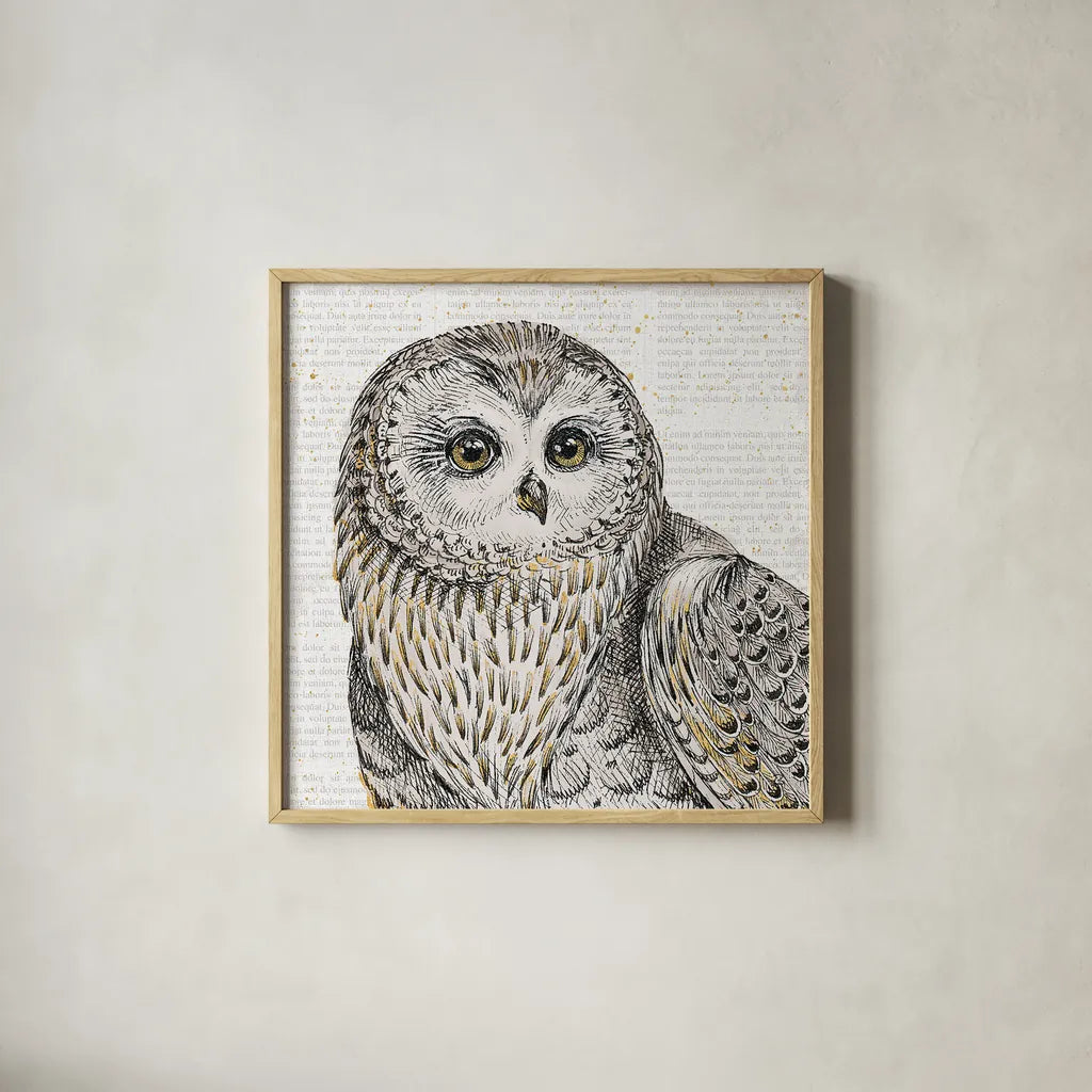 Beautiful Owls II by Daphne Brissonnet. Shown in a natural wood glass frame for a timeless modern aesthetic. Available as an archival giclee rolled canvas, fine art paper, or poster print. SKU 28802a.