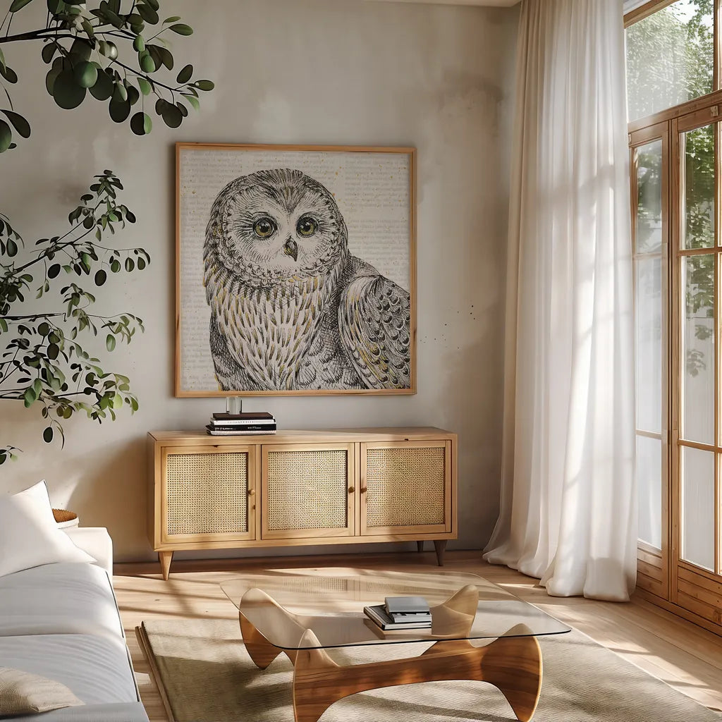 Beautiful Owls II by Daphne Brissonnet. Shown in a natural wood frame in a cozy modern living room. Available as an archival giclee rolled canvas, fine art paper, or poster print. SKU 28802a.