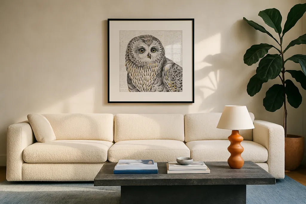 Beautiful Owls II by Daphne Brissonnet. Displayed in a glass frame with matte in a clean modern living room. Available as an archival giclee rolled canvas, fine art paper, or poster print. SKU 28802a.