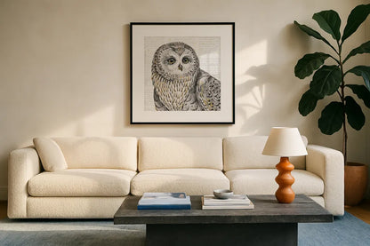 Beautiful Owls II by Daphne Brissonnet. Displayed in a glass frame with matte in a clean modern living room. Available as an archival giclee rolled canvas, fine art paper, or poster print. SKU 28802a.