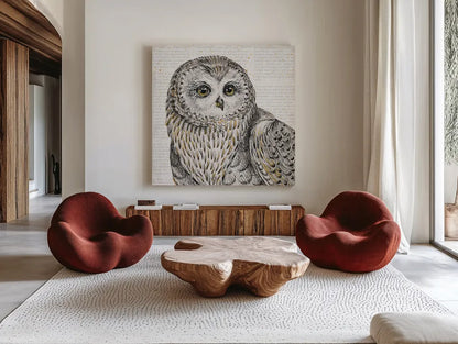 Beautiful Owls II by Daphne Brissonnet. Shown as extra-large giant wall art in a modern living room. Available as an archival giclee rolled canvas, fine art paper, or poster print. SKU 28802a.