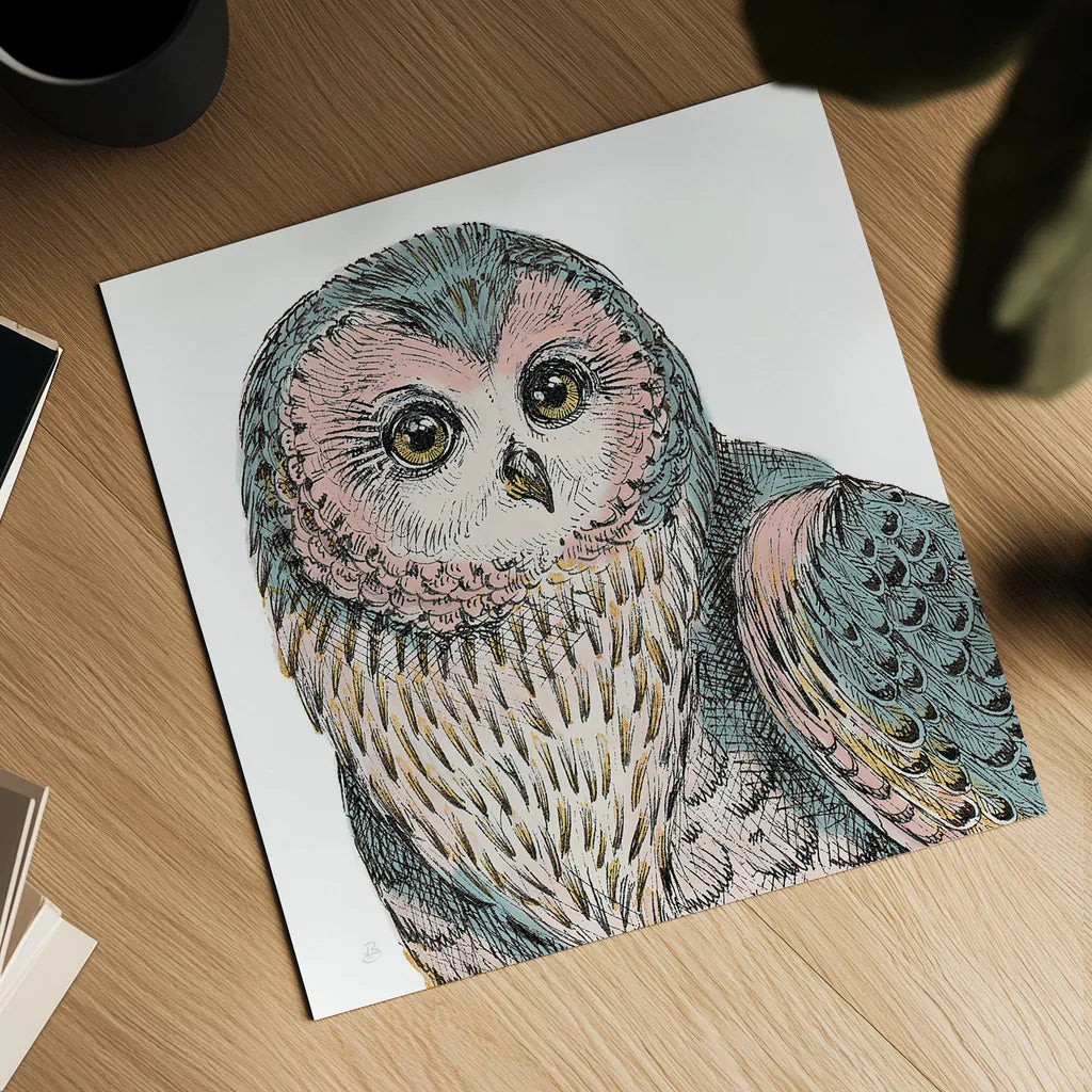 Beautiful Owls IV Pastel Crop by Daphne Brissonnet. Shown as a detailed flat fine art print, highlighting archival giclee quality. Available as an archival giclee rolled canvas, fine art paper, or poster print. SKU 30198a.