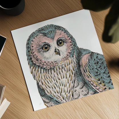 Beautiful Owls IV Pastel Crop by Daphne Brissonnet. Shown as a detailed flat fine art print, highlighting archival giclee quality. Available as an archival giclee rolled canvas, fine art paper, or poster print. SKU 30198a.