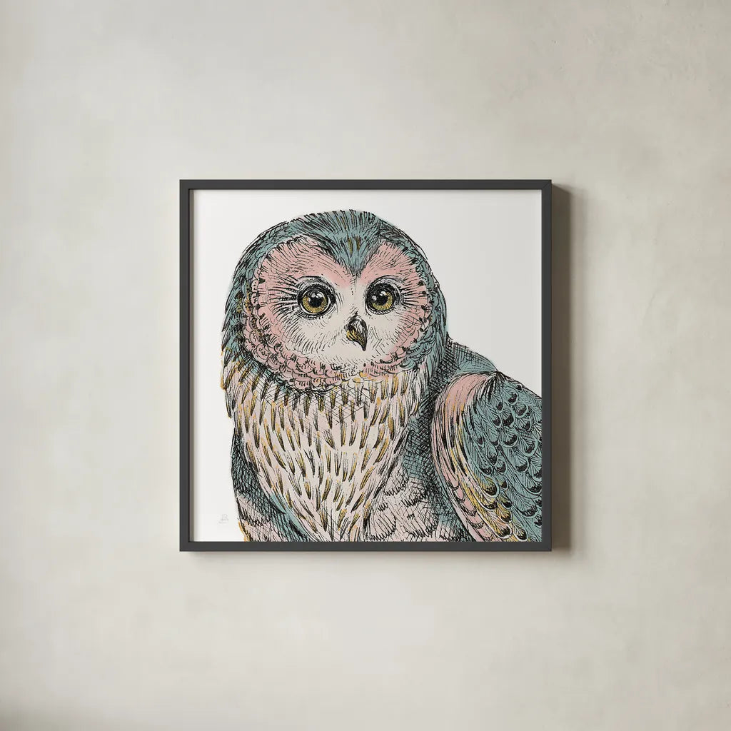 Beautiful Owls IV Pastel Crop by Daphne Brissonnet. Shown in a sleek black glass frame for a contemporary gallery look. Available as an archival giclee rolled canvas, fine art paper, or poster print. SKU 30198a.