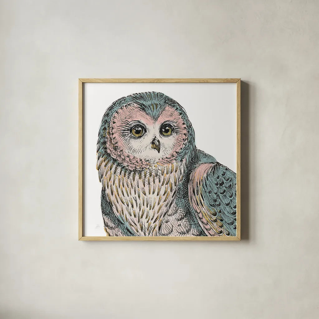 Beautiful Owls IV Pastel Crop by Daphne Brissonnet. Shown in a natural wood glass frame for a timeless modern aesthetic. Available as an archival giclee rolled canvas, fine art paper, or poster print. SKU 30198a.