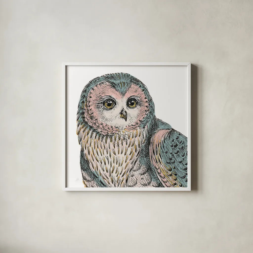 Beautiful Owls IV Pastel Crop by Daphne Brissonnet. Shown in a crisp white glass frame for a clean and minimalist style. Available as an archival giclee rolled canvas, fine art paper, or poster print. SKU 30198a.