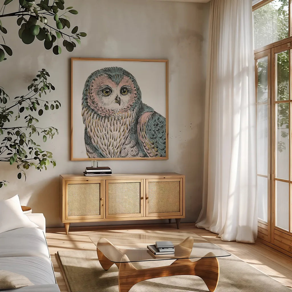 Beautiful Owls IV Pastel Crop by Daphne Brissonnet. Shown in a natural wood frame in a cozy modern living room. Available as an archival giclee rolled canvas, fine art paper, or poster print. SKU 30198a.