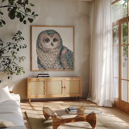 Beautiful Owls IV Pastel Crop by Daphne Brissonnet. Shown in a natural wood frame in a cozy modern living room. Available as an archival giclee rolled canvas, fine art paper, or poster print. SKU 30198a.