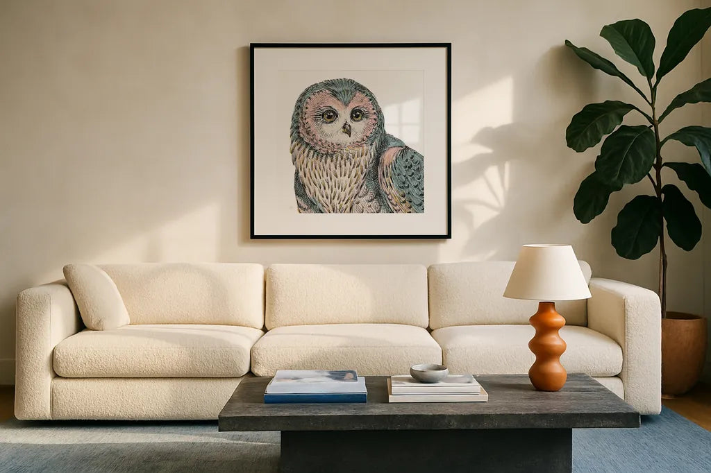 Beautiful Owls IV Pastel Crop by Daphne Brissonnet. Displayed in a glass frame with matte in a clean modern living room. Available as an archival giclee rolled canvas, fine art paper, or poster print. SKU 30198a.
