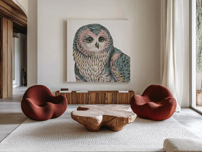 Beautiful Owls IV Pastel Crop by Daphne Brissonnet. Shown as extra-large giant wall art in a modern living room. Available as an archival giclee rolled canvas, fine art paper, or poster print. SKU 30198a.