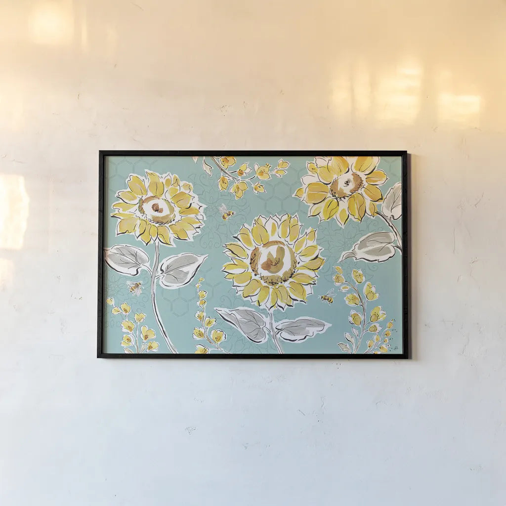 Bee Happy I by Daphne Brissonnet. shown as a paper print in a black flame. Available as a archival giclee rolled canvas, fine art paper, or poster print. SKU 36773i.