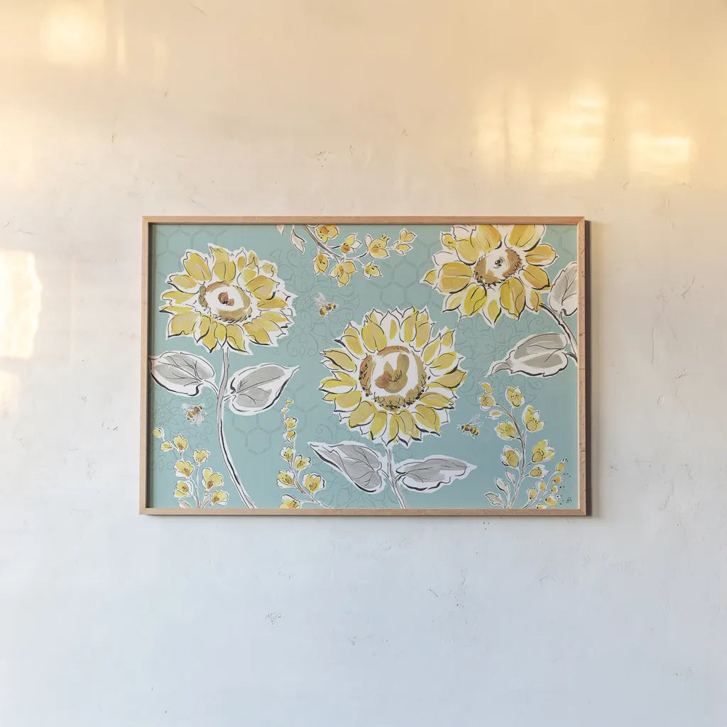 Bee Happy I by Daphne Brissonnet. shown as a paper print in a natural frame. Available as a archival giclee rolled canvas, fine art paper, or poster print. SKU 36773i.