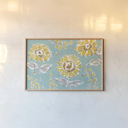 Bee Happy I by Daphne Brissonnet. shown as a paper print in a natural frame. Available as a archival giclee rolled canvas, fine art paper, or poster print. SKU 36773i.