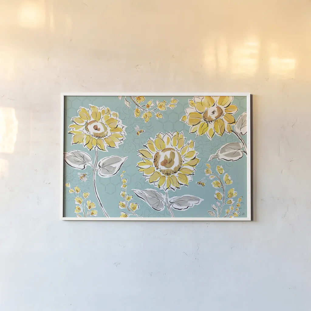 Bee Happy I by Daphne Brissonnet. shown as a paper print in a white frame. Available as a archival giclee rolled canvas, fine art paper, or poster print. SKU 36773i.