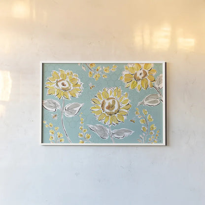 Bee Happy I by Daphne Brissonnet. shown as a paper print in a white frame. Available as a archival giclee rolled canvas, fine art paper, or poster print. SKU 36773i.