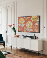 Bee Happy I Spice by Daphne Brissonnet. shown as a framed stretched canvas in a living room above a console. Available as a archival giclee rolled canvas, fine art paper, or poster print. SKU 36778i.