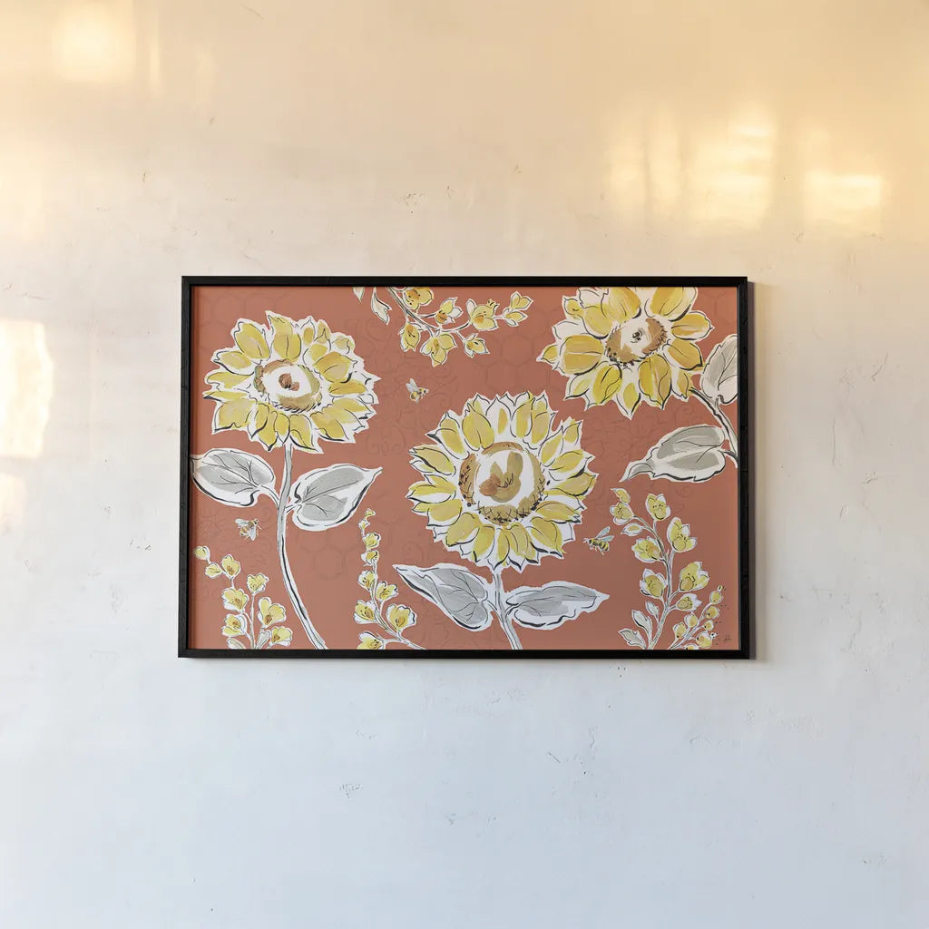 Bee Happy I Spice by Daphne Brissonnet. shown as a paper print in a black flame. Available as a archival giclee rolled canvas, fine art paper, or poster print. SKU 36778i.