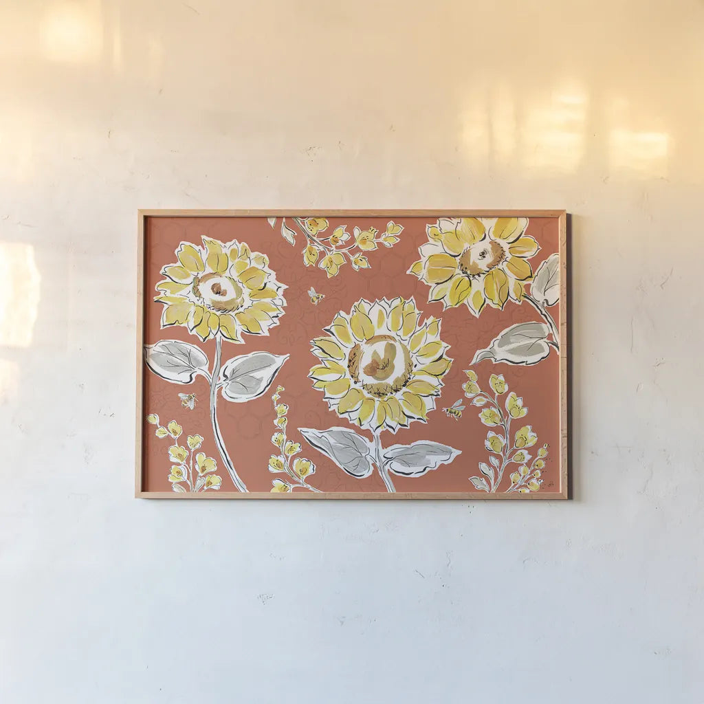 Bee Happy I Spice by Daphne Brissonnet. shown as a paper print in a natural frame. Available as a archival giclee rolled canvas, fine art paper, or poster print. SKU 36778i.