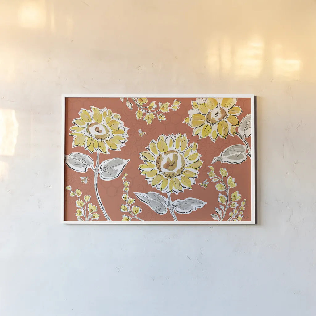 Bee Happy I Spice by Daphne Brissonnet. shown as a paper print in a white frame. Available as a archival giclee rolled canvas, fine art paper, or poster print. SKU 36778i.
