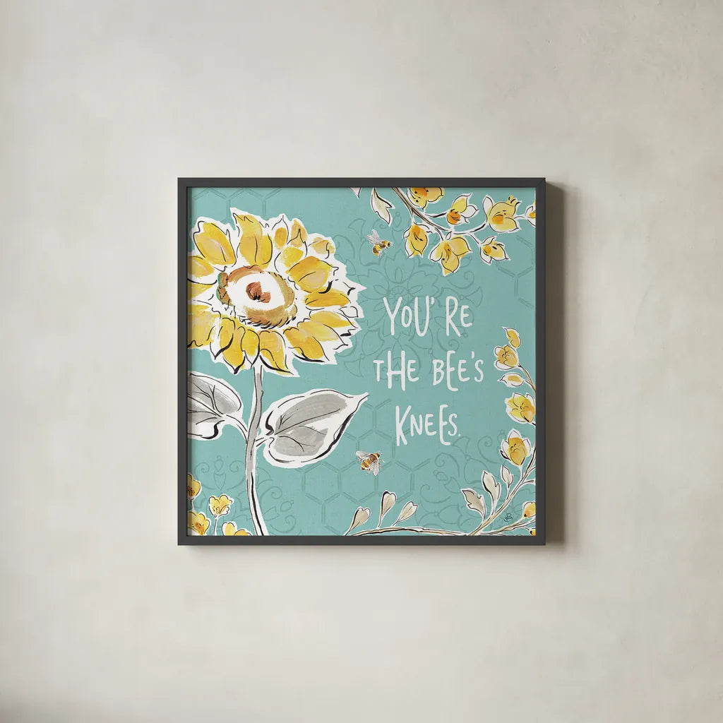 Bee Happy II by Daphne Brissonnet. Shown in a sleek black glass frame for a contemporary gallery look. Available as an archival giclee rolled canvas, fine art paper, or poster print. SKU 36774a.