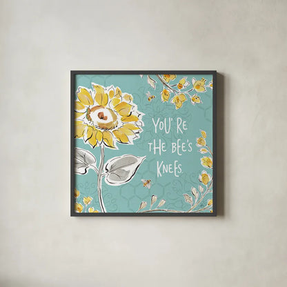 Bee Happy II by Daphne Brissonnet. Shown in a sleek black glass frame for a contemporary gallery look. Available as an archival giclee rolled canvas, fine art paper, or poster print. SKU 36774a.