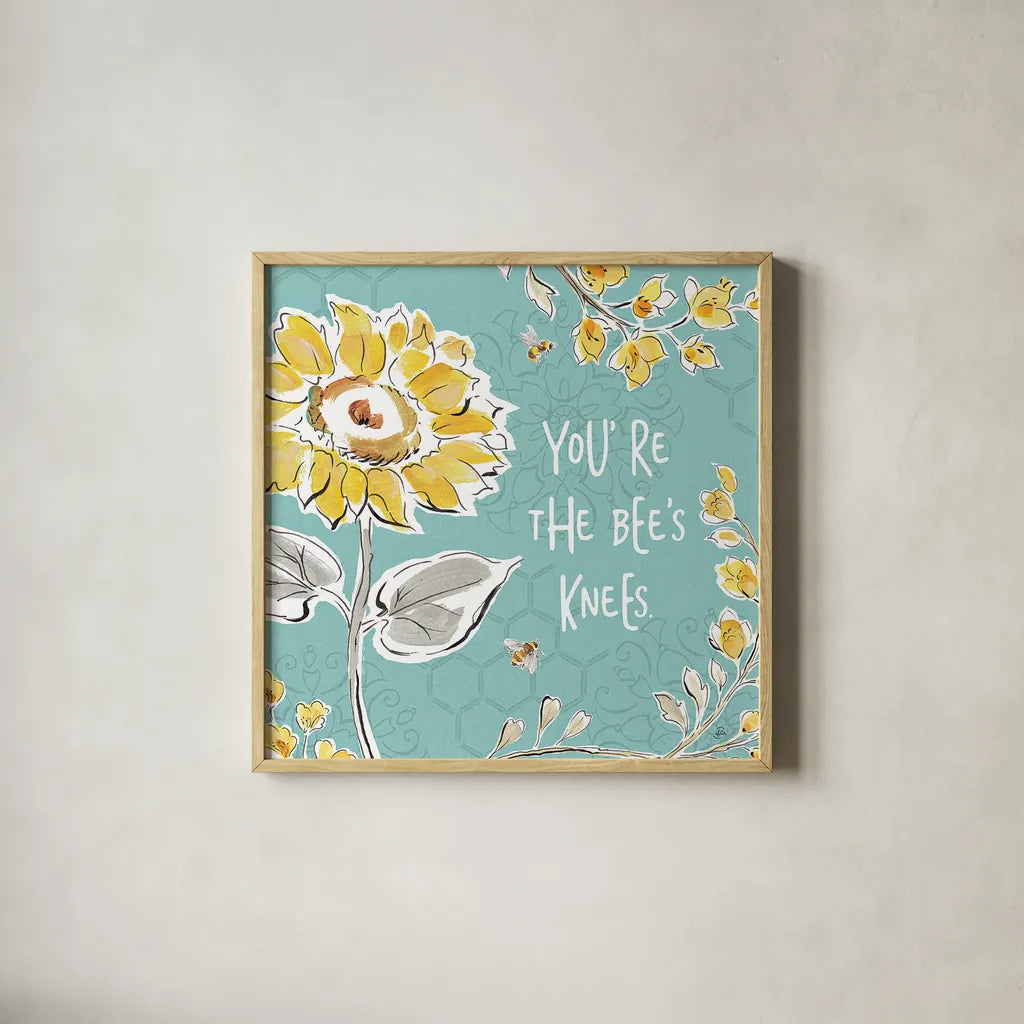 Bee Happy II by Daphne Brissonnet. Shown in a natural wood glass frame for a timeless modern aesthetic. Available as an archival giclee rolled canvas, fine art paper, or poster print. SKU 36774a.